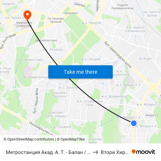 Метростанция Акад. А. Т. - Балан / Acad. A. T.-Balan Metro Station (1917) to Втори Хирургичен Блок map