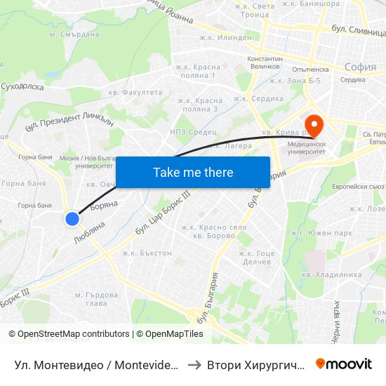 Ул. Монтевидео / Montevideo St. (2050) to Втори Хирургичен Блок map