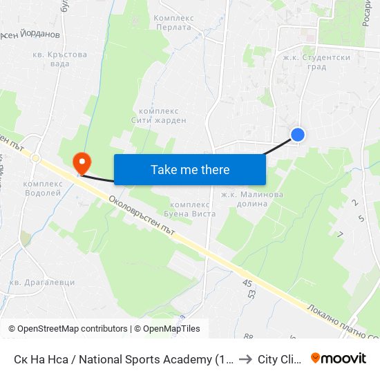 Ск На Нса / National Sports Academy (1609) to City Clinic map