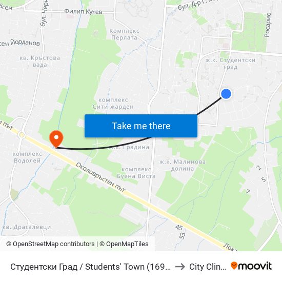 Студентски Град / Students' Town (1693) to City Clinic map