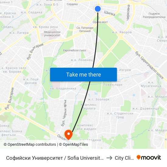 Софийски Университет / Sofia University (1698) to City Clinic map