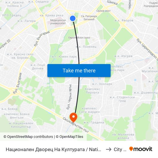 Национален Дворец На Културата / National Palace Of Culture (1134) to City Clinic map