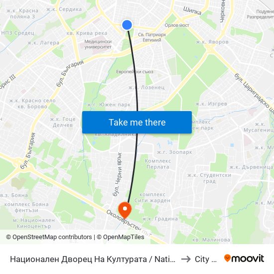 Национален Дворец На Културата / National Palace Of Culture to City Clinic map