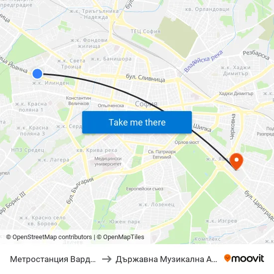 Ⓜ️ Метростанция Вардар / Vardar Metro Station (1047) to Държавна Музикална Академия - Инструментален Факултет map
