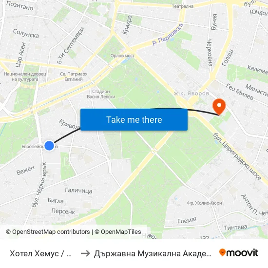 Ⓜ️ Хотел Хемус / Hemus Hotel (2329) to Държавна Музикална Академия - Инструментален Факултет map