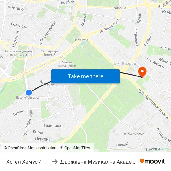 Ⓜ️ Хотел Хемус / Hemus Hotel (2330) to Държавна Музикална Академия - Инструментален Факултет map