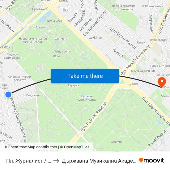 Пл. Журналист / Journalist Sq. (1274) to Държавна Музикална Академия - Инструментален Факултет map