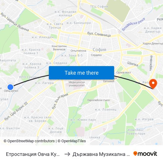 Етростанция Овча Купел / Ovcha Kupel Metro Station  (0352) to Държавна Музикална Академия - Инструментален Факултет map