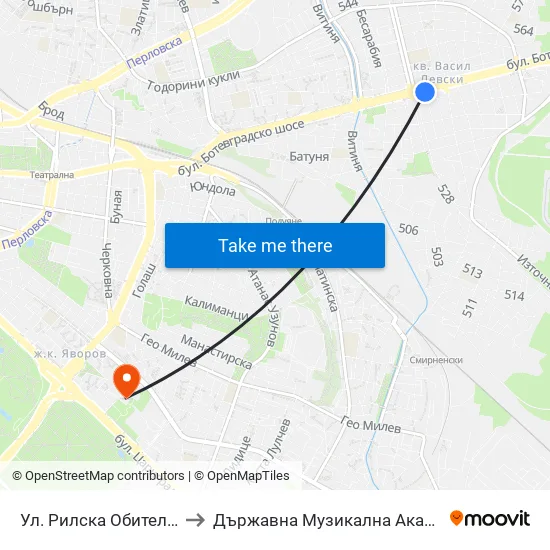 Ул. Рилска Обител / Rilska Obitel St. (2158) to Държавна Музикална Академия - Инструментален Факултет map