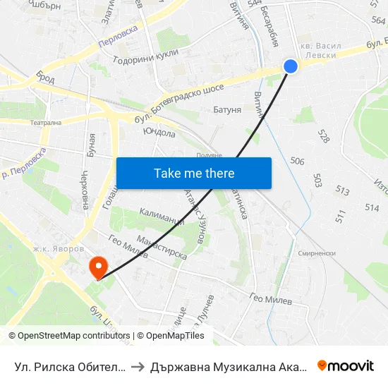 Ул. Рилска Обител / Rilska Obitel St. (2159) to Държавна Музикална Академия - Инструментален Факултет map