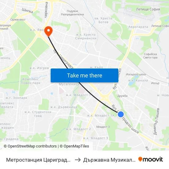 Ⓜ️ Метростанция Цариградско Шосе / Tsarigradsko Shosse Metro Station (1016) to Държавна Музикална Академия - Инструментален Факултет map