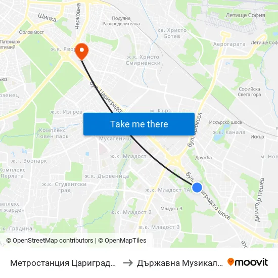 Ⓜ️ Метростанция Цариградско Шосе / Tsarigradsko Shosse Metro Station (1017) to Държавна Музикална Академия - Инструментален Факултет map