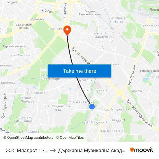 Ж.К. Младост 1 / Mladost 1 Qr. (0661) to Държавна Музикална Академия - Инструментален Факултет map