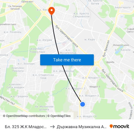 Бл. 325 Ж.К Младост 3 / Bl. 325, Mladost 3 Qr. (2489) to Държавна Музикална Академия - Инструментален Факултет map