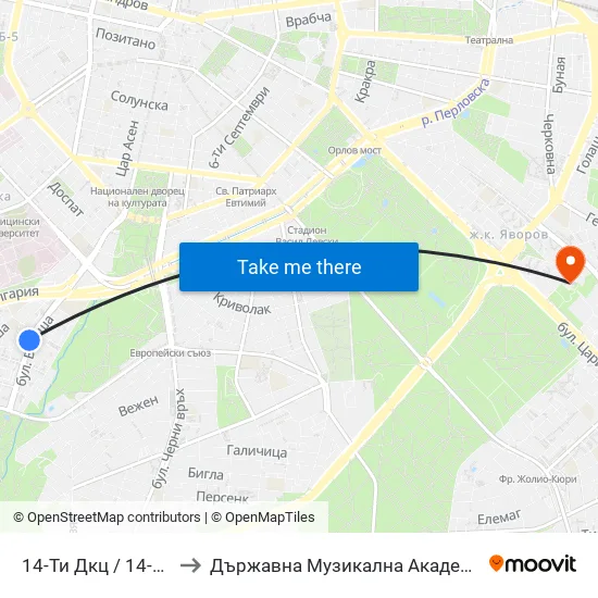14-Ти Дкц / 14-Th Polyclinic (0011) to Държавна Музикална Академия - Инструментален Факултет map