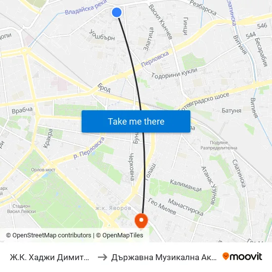 Ж.К. Хаджи Димитър / Hadzhi Dimitar Sq. (0692) to Държавна Музикална Академия - Инструментален Факултет map