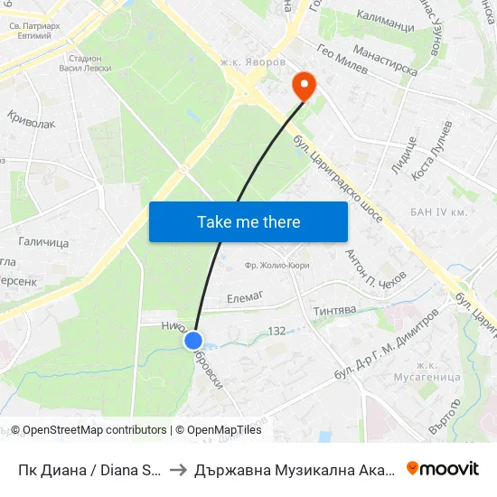 Пк Диана / Diana Swimming Complex (1343) to Държавна Музикална Академия - Инструментален Факултет map