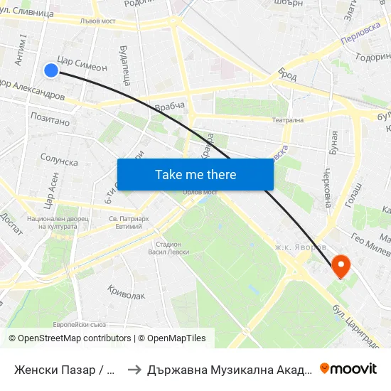 Женски Пазар / Women’S Market (0378) to Държавна Музикална Академия - Инструментален Факултет map