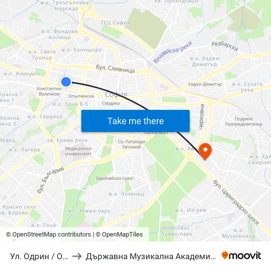 Ул. Одрин / Odrin St. (2077) to Държавна Музикална Академия - Инструментален Факултет map