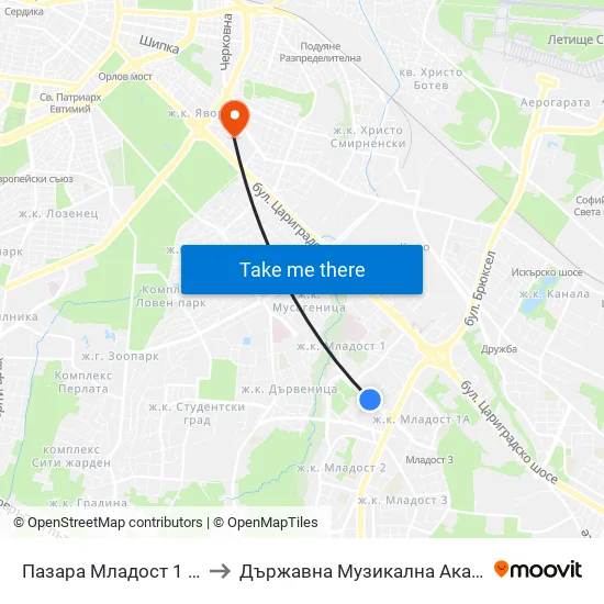 Пазара Младост 1 / Mladost 1 Market (0968) to Държавна Музикална Академия - Инструментален Факултет map