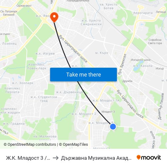 Ж.К. Младост 3 / Mladost 3 Qr. (0665) to Държавна Музикална Академия - Инструментален Факултет map