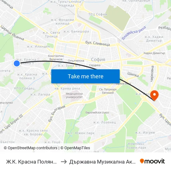 Ж.К. Красна Поляна / Krasna Polyana Qr. (2162) to Държавна Музикална Академия - Инструментален Факултет map