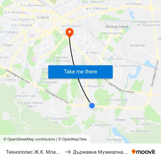 Технополис Ж.К. Младост 4 / Technopolis Mladost 4 Qr. (2494) to Държавна Музикална Академия - Инструментален Факултет map