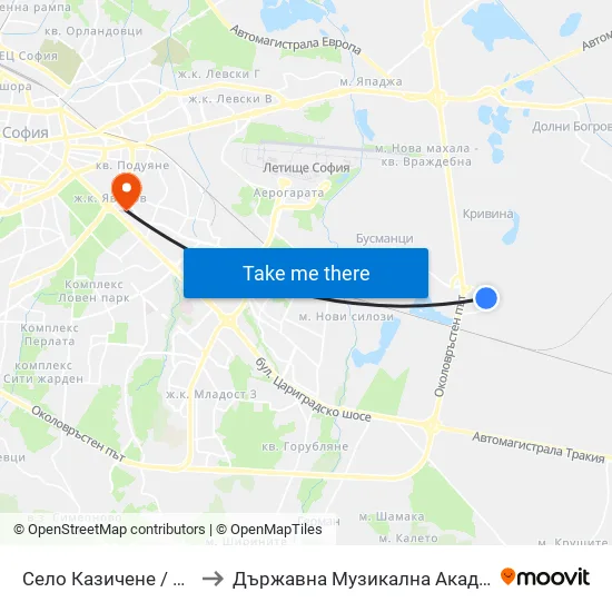 Село Казичене / Kazichene Village (1537) to Държавна Музикална Академия - Инструментален Факултет map