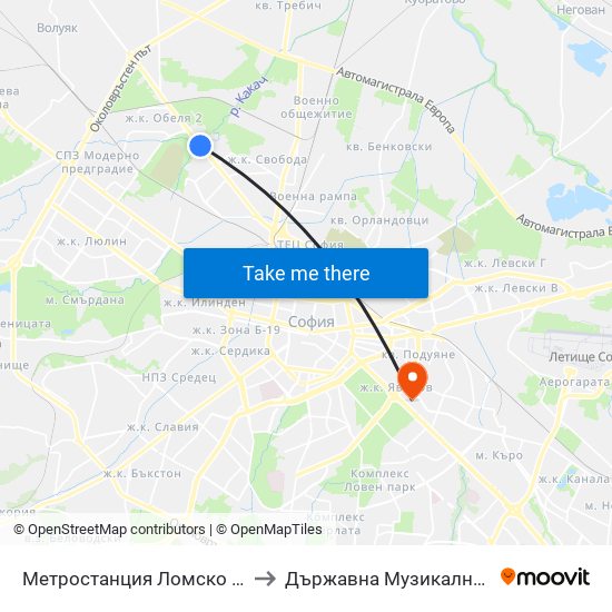 Метростанция Ломско Шосе / Lomsko Shose Metro Station (2660) to Държавна Музикална Академия - Инструментален Факултет map