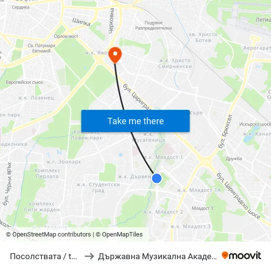 Посолствата / the Embassies (1400) to Държавна Музикална Академия - Инструментален Факултет map