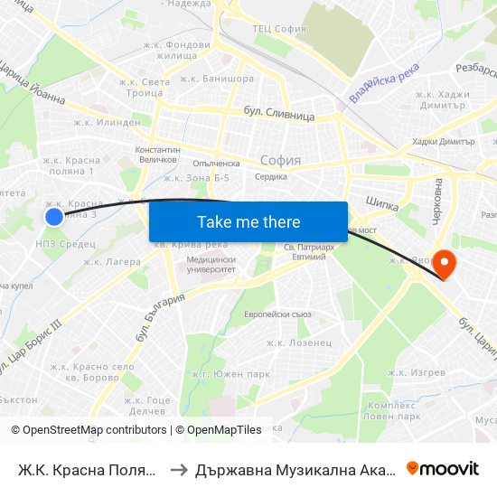 Ж.К. Красна Поляна / Krasna Polyana (0633) to Държавна Музикална Академия - Инструментален Факултет map