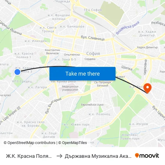 Ж.К. Красна Поляна / Krasna Polyana (0631) to Държавна Музикална Академия - Инструментален Факултет map