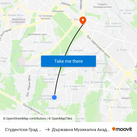 Студентски Град / Students' Town (2381) to Държавна Музикална Академия - Инструментален Факултет map