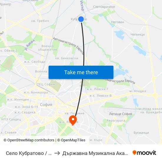 Село Кубратово / Kubratovo Village (1543) to Държавна Музикална Академия - Инструментален Факултет map