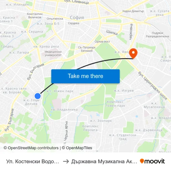 Ул. Костенски Водопад / Kostenski Vodopad (2011) to Държавна Музикална Академия - Инструментален Факултет map