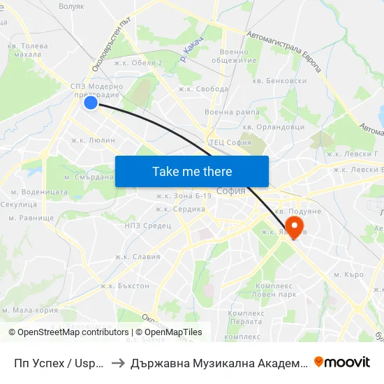 Пп Успех / Uspeh Factory (1751) to Държавна Музикална Академия - Инструментален Факултет map