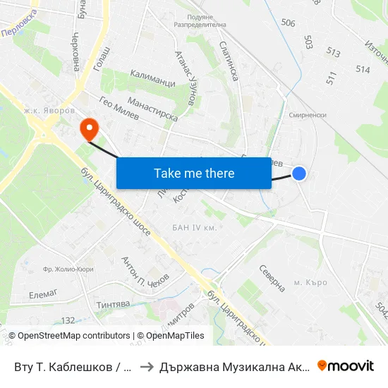 Вту Т. Каблешков / University Of Transport (2013) to Държавна Музикална Академия - Инструментален Факултет map