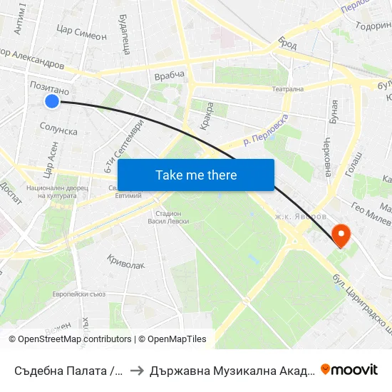 Съдебна Палата / Court Of Justice (1721) to Държавна Музикална Академия - Инструментален Факултет map