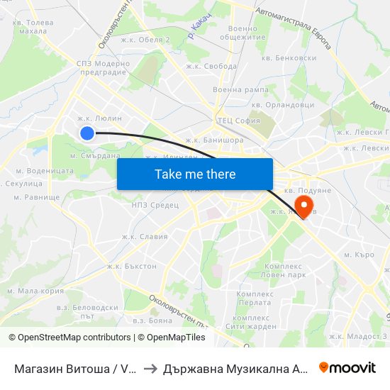 Магазин Витоша / Vitosha Department Store (1703) to Държавна Музикална Академия - Инструментален Факултет map