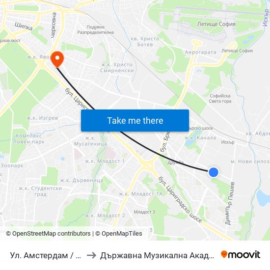 Ул. Амстердам / Amsterdam St. (2587) to Държавна Музикална Академия - Инструментален Факултет map