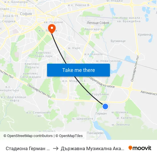 Стадиона Герман / German Stadium (1037) to Държавна Музикална Академия - Инструментален Факултет map