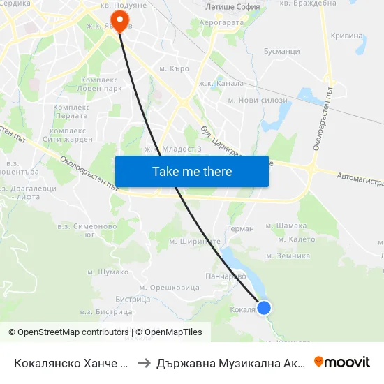 👋 Кокалянско Ханче / Kokalyansko Hanche (0962) to Държавна Музикална Академия - Инструментален Факултет map