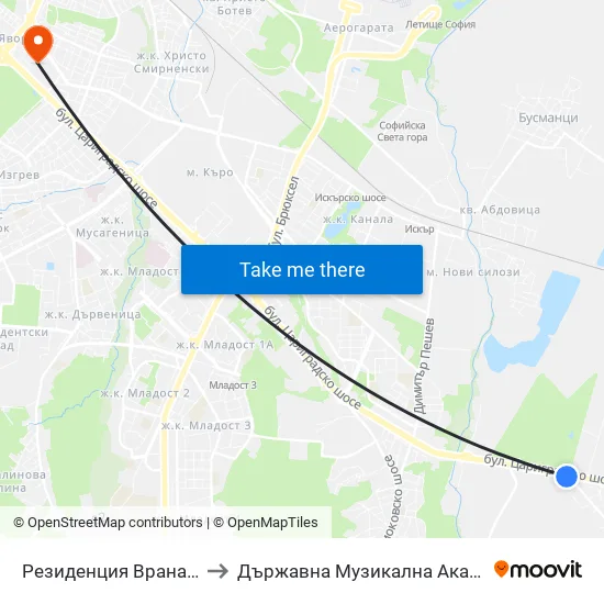 Резиденция Врана / Vrana Residence (1466) to Държавна Музикална Академия - Инструментален Факултет map