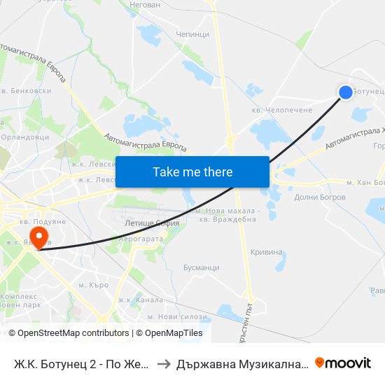 Ж.К. Ботунец 2 - По Желание / Botunets 2 Qr. - on Demand (0585) to Държавна Музикална Академия - Инструментален Факултет map