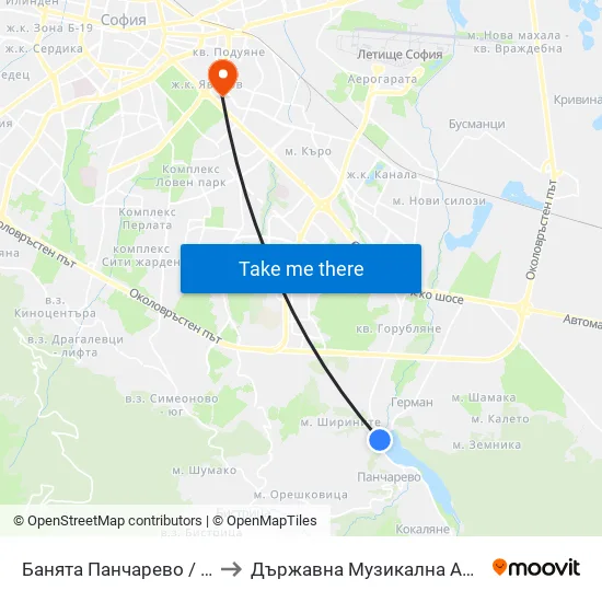 👋 Банята Панчарево / Pancharevo Public Bath (0102) to Държавна Музикална Академия - Инструментален Факултет map