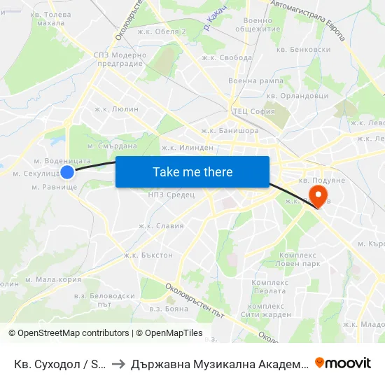 Кв. Суходол / Suhodol Qr.  (1173) to Държавна Музикална Академия - Инструментален Факултет map