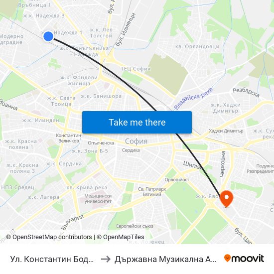 Ул. Константин Бодин / Konstantin Bodin St. (2004) to Държавна Музикална Академия - Инструментален Факултет map