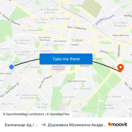 Балканкар Ад / Balkancar Jsc (0569) to Държавна Музикална Академия - Инструментален Факултет map