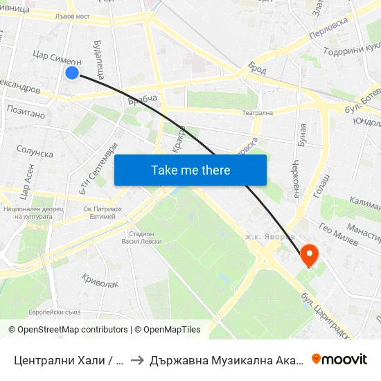 Централни Хали / Central Market Hall (2335) to Държавна Музикална Академия - Инструментален Факултет map