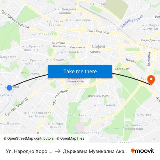 Ул. Народно Хоро / Narodno Horo St. (2057) to Държавна Музикална Академия - Инструментален Факултет map